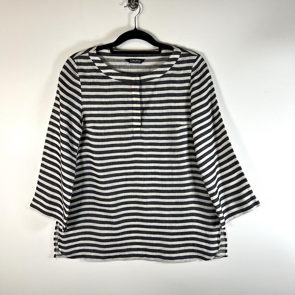 S Max Mara Striped Linen Top Tunic 3/4 Sleeve 1/4 Front Button Size Medium